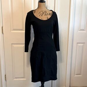 Prairie Underground scoop neck 3/4 sleeve Cotton denim pocket bodycon midi dress